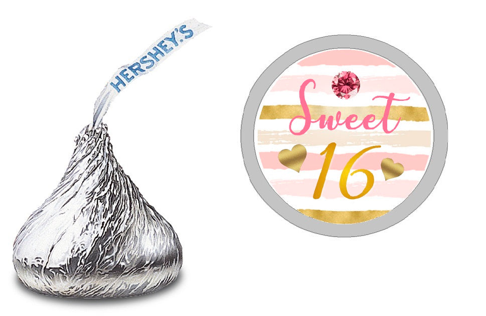 Party Favors Sweet 16 Sixteen  Hershey Chocolate Candy Kiss Labels Stickers Birthday Baby Shower Favors