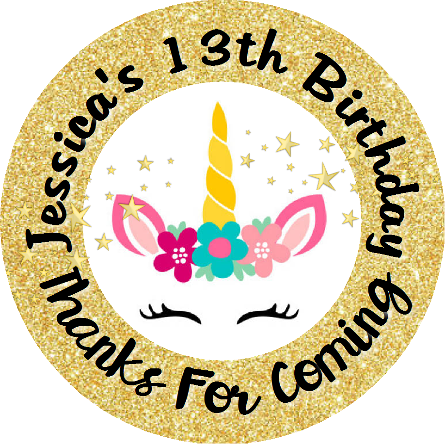 Unicorn Face Gold Glitter Eyelashes Birthday Party Favors Personalized Round Stickers Supplies Labels ideas