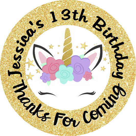 Unicorn Face Gold Glitter Eyelashes Birthday Party Favors Personalized Round Stickers Supplies Labels ideas