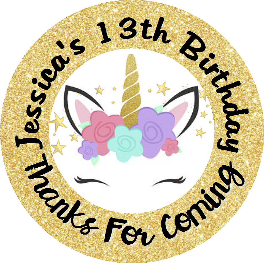 Unicorn Face Gold Glitter Eyelashes Birthday Party Favors Personalized Round Stickers Supplies Labels ideas