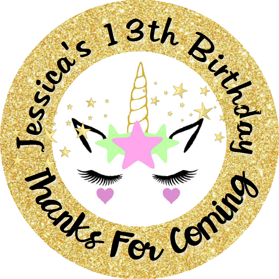 Unicorn Face Gold Glitter Eyelashes Birthday Party Favors Personalized Round Stickers Supplies Labels ideas