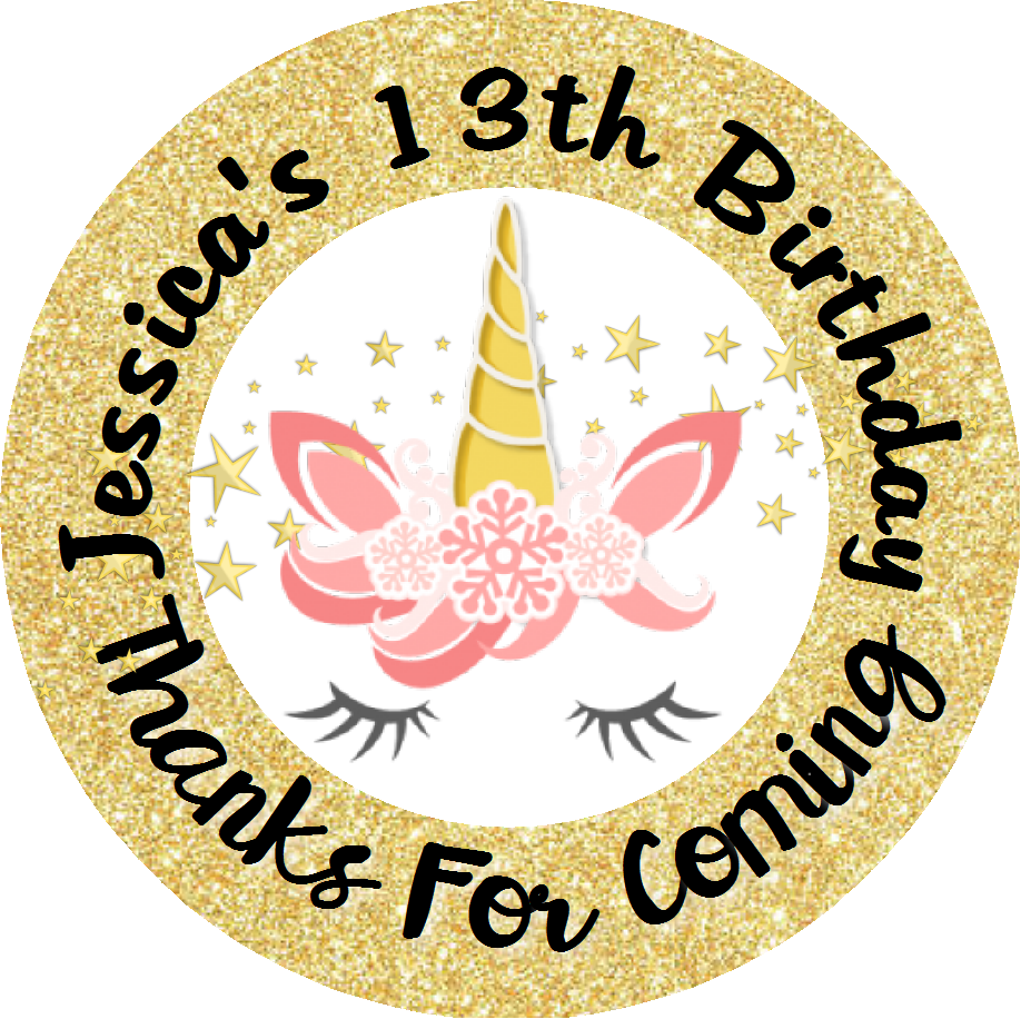 Unicorn Face Gold Glitter Eyelashes Birthday Party Favors Personalized Round Stickers Supplies Labels ideas