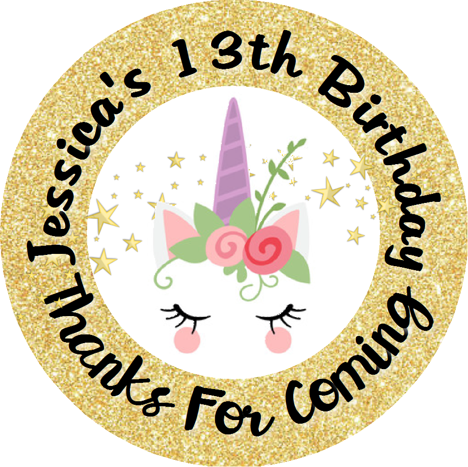 Unicorn Face Gold Glitter Eyelashes Birthday Party Favors Personalized Round Stickers Supplies Labels ideas