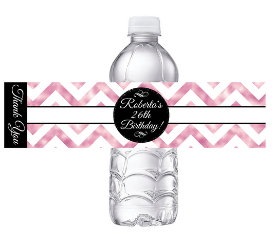 Black White and Rose Gold Dusty Rose Pink Chevron Party Favors Birthday Water Bottle Labels Wrappers Supplies Personalized ideas decor Unique