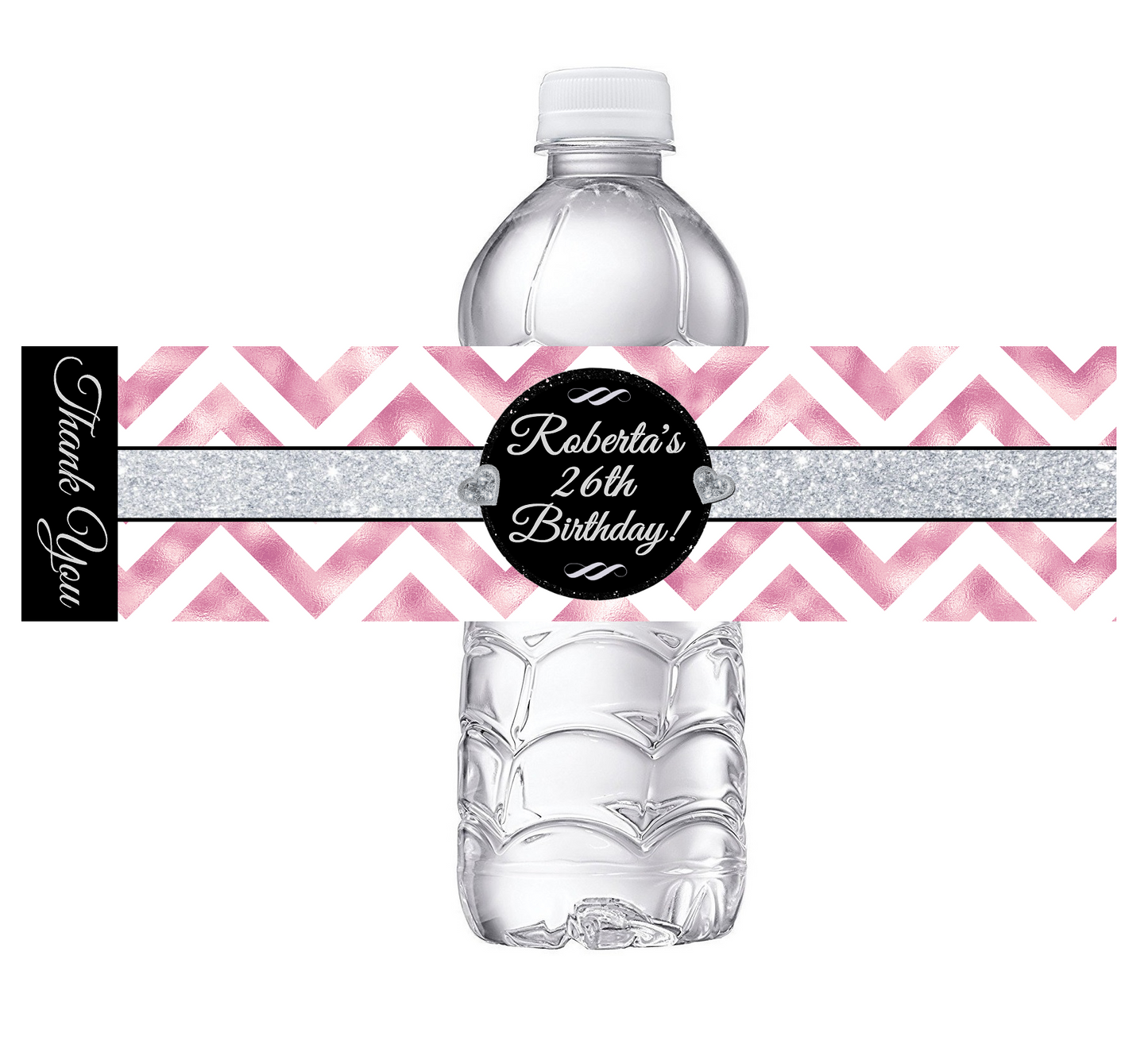 Black White Silver and Rose Gold Dusty Rose Pink Chevron Party Favors Birthday Water Bottle Labels Wrappers Supplies Personalized ideas decor Unique