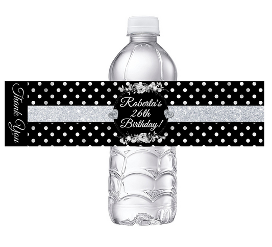 Black White and Silver Polkadot Polka Dot Floral Party Favors Birthday Water Bottle Labels Wrappers Supplies Personalized ideas decor Unique