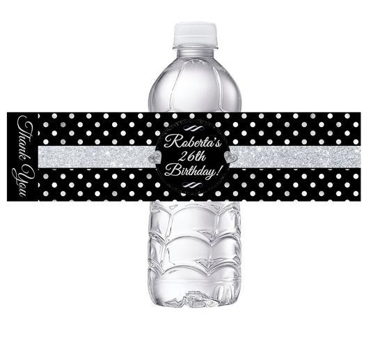 Black White and Silver Polkadot Polka Dot Party Favors Birthday Water Bottle Labels Wrappers Supplies Personalized ideas decor Unique