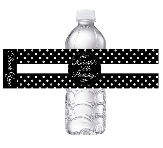 Black and White Silver Polkadot Polka Dot Party Favors Birthday Water Bottle Labels Wrappers Supplies Personalized ideas decor Unique