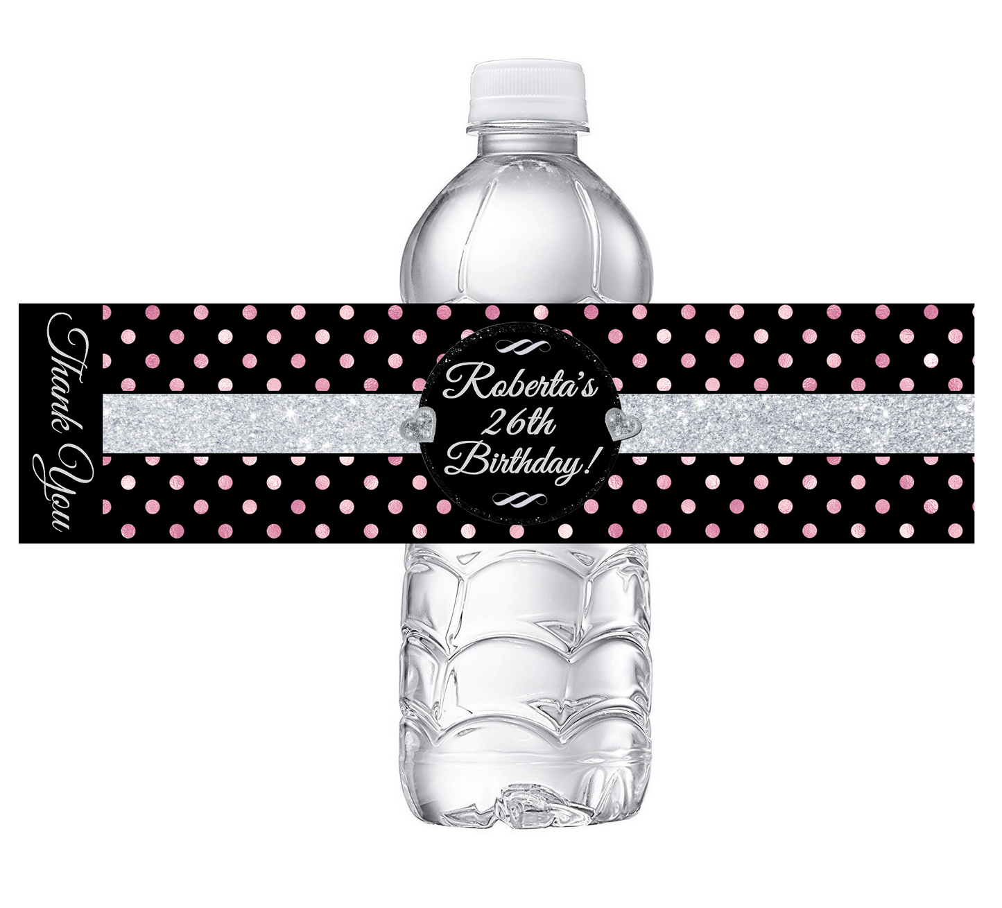 Black White Silver and Rose Gold Dusty Rose Pink Polkadot Polka Dot Party Favors Birthday Water Bottle Labels Wrappers Supplies Personalized ideas decor Unique