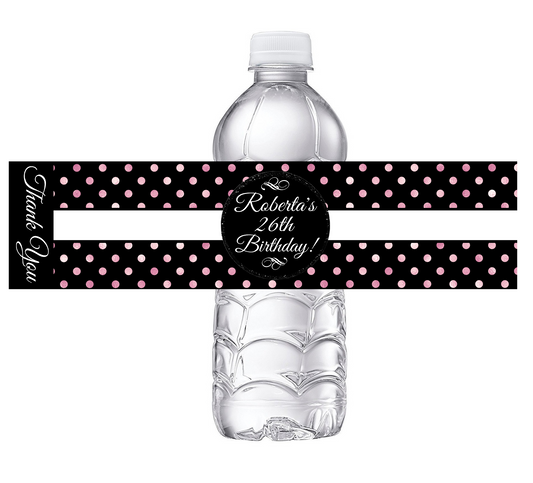 Black White and Rose Gold Dusty Rose Pink Polkadot Polka Dot Party Favors Birthday Water Bottle Labels Wrappers Supplies Personalized ideas decor Unique