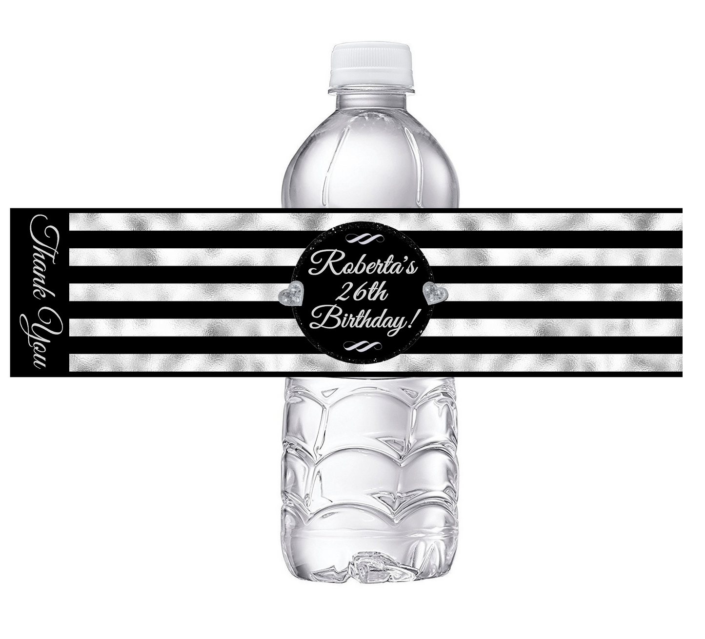 Black White and Silver Striped Party Favors Birthday Water Bottle Labels Wrappers Supplies Personalized ideas decor Unique