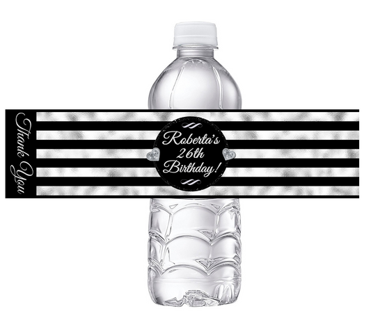 Black White and Silver Striped Party Favors Birthday Water Bottle Labels Wrappers Supplies Personalized ideas decor Unique