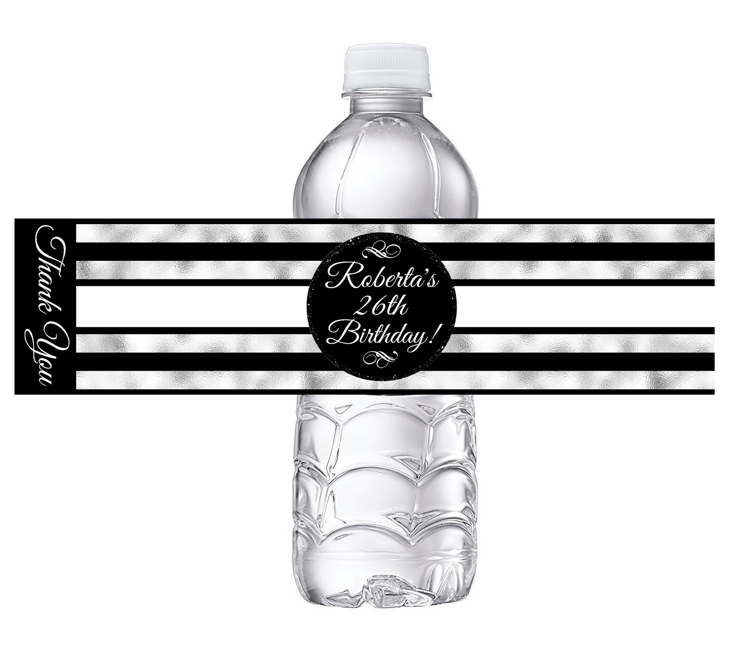 Black White and Silver Striped Party Favors Birthday Water Bottle Labels Wrappers Supplies Personalized ideas decor Unique