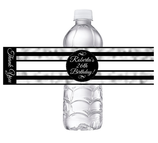 Black White and Silver Striped Party Favors Birthday Water Bottle Labels Wrappers Supplies Personalized ideas decor Unique