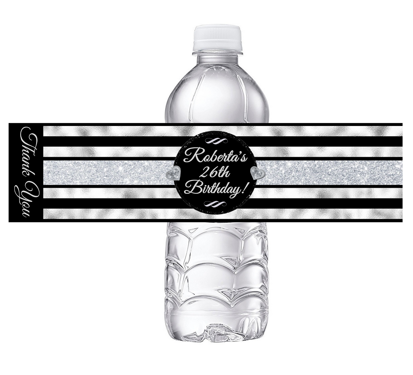 Black White and Silver Striped Party Favors Birthday Water Bottle Labels Wrappers Supplies Personalized ideas decor Unique