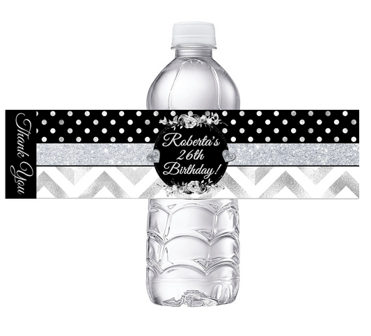 Black White and Silver Chevron Floral Polkadot Polka Dot Party Favors Birthday Water Bottle Labels Wrappers Supplies Personalized ideas decor Unique