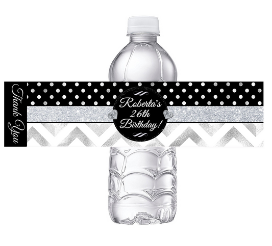 Black White and Silver Chevron Polkadot Polka Dot Party Favors Birthday Water Bottle Labels Wrappers Supplies Personalized ideas decor Unique