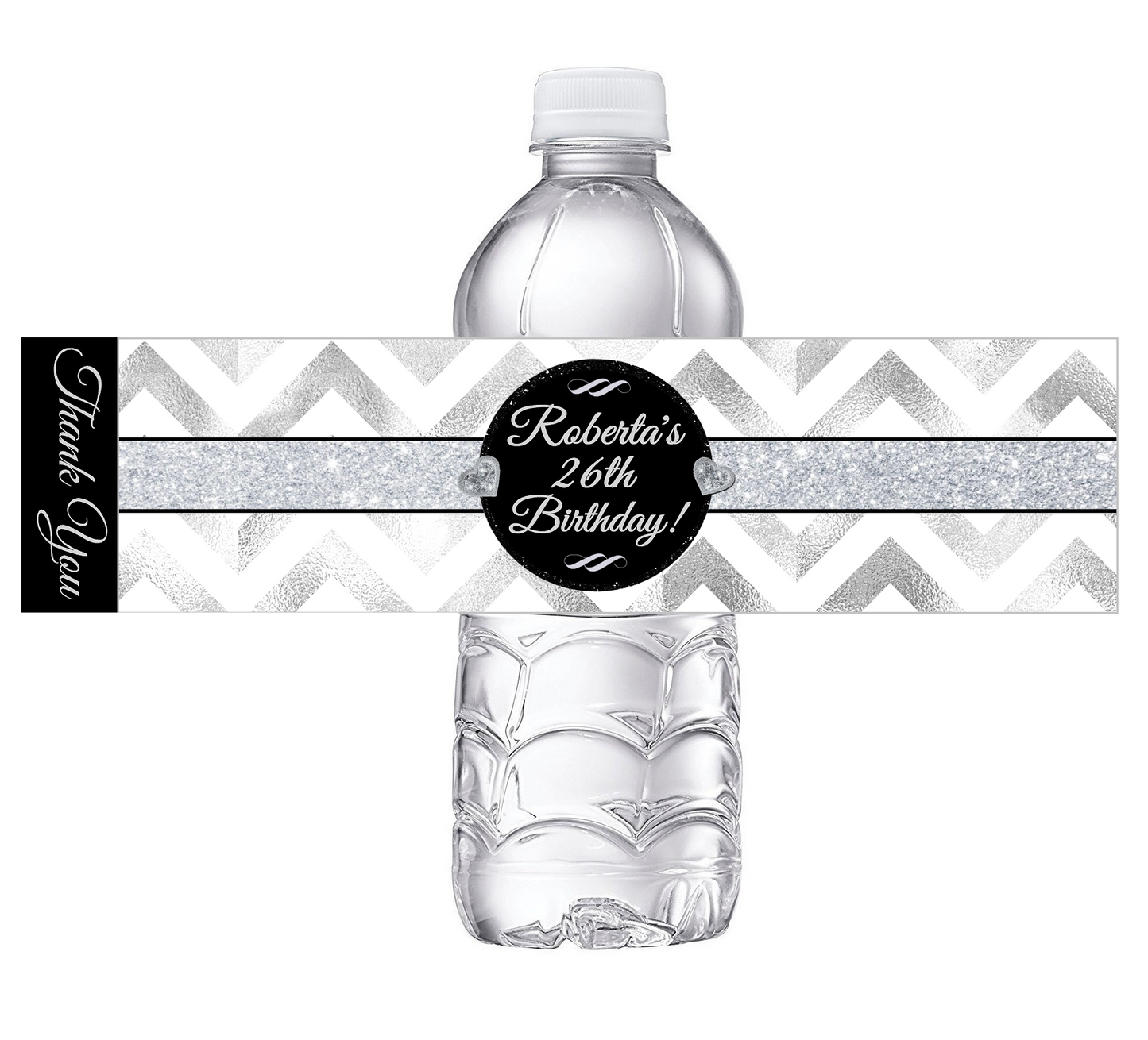 Black White and Silver Chevron Floral Party Favors Birthday Water Bottle Labels Wrappers Supplies Personalized ideas decor Unique