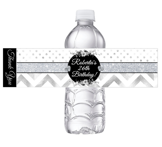 Black White and Silver Chevron Floral Polkadot Polka Dot Party Favors Birthday Water Bottle Labels Wrappers Supplies Personalized ideas decor Unique