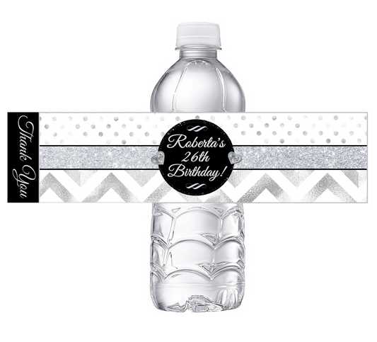 Black White and Silver Chevron Floral Polkadot Polka Dot Party Favors Birthday Water Bottle Labels Wrappers Supplies Personalized ideas decor Unique