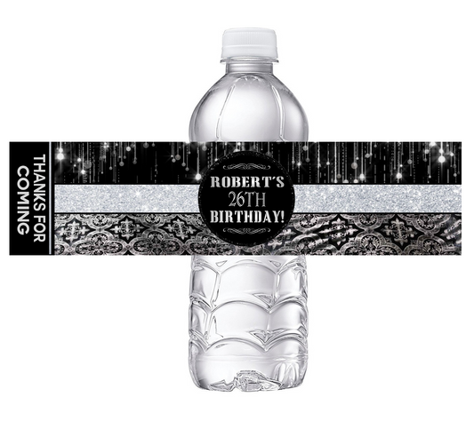 Pretty Black and Silver Glitter Party Favors Birthday Water Bottle Labels Wrappers Supplies Personalized ideas decor Unique