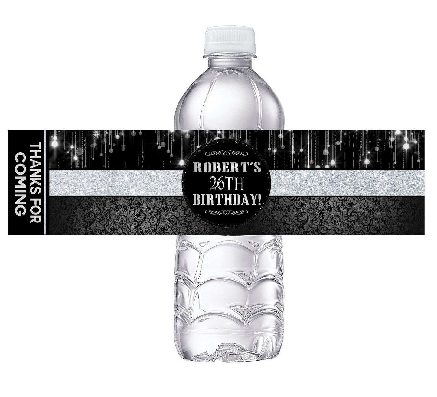 Pretty Black and Silver Glitter Party Favors Birthday Water Bottle Labels Wrappers Supplies Personalized ideas decor Unique