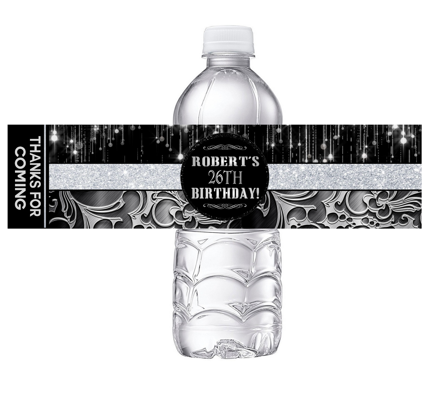 Pretty Black and Silver Glitter Party Favors Birthday Water Bottle Labels Wrappers Supplies Personalized ideas decor Unique