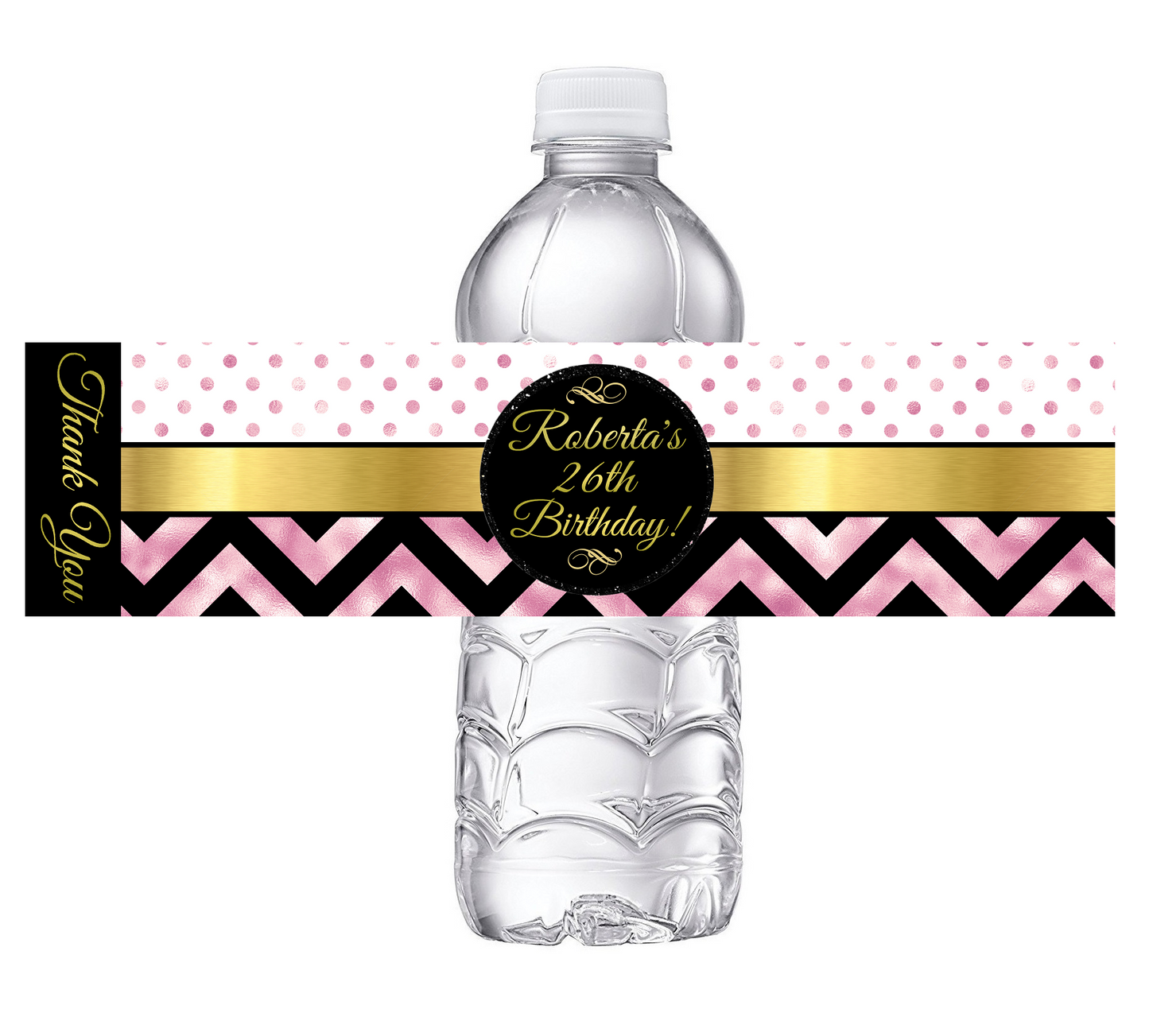 Black White and Rose Gold Dusty Rose Pink Chevron Party Favors Birthday Water Bottle Labels Wrappers Supplies Personalized ideas decor Unique