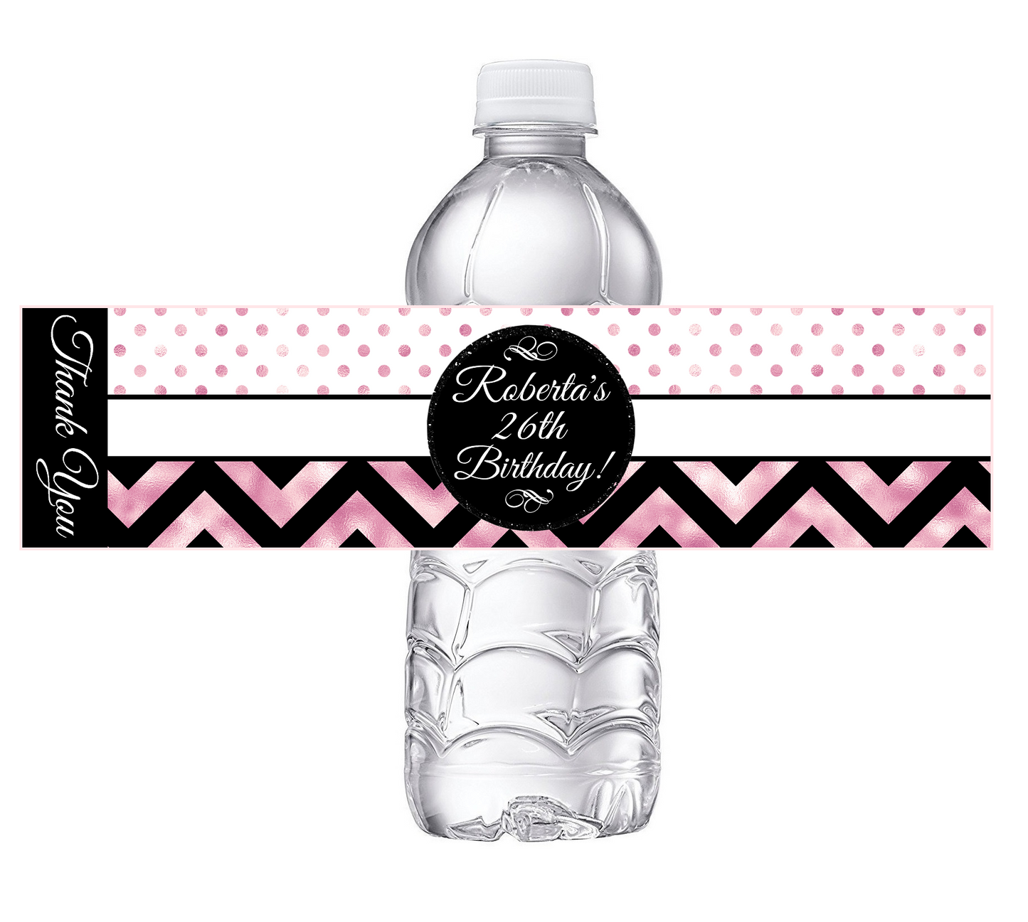 Black White and Rose Gold Dusty Rose Pink Chevron Party Favors Birthday Water Bottle Labels Wrappers Supplies Personalized ideas decor Unique