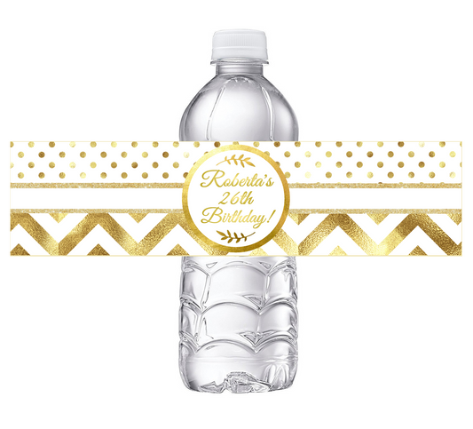 White and Gold Chevron Floral Polkadot Polka Dot Party Favors Birthday Water Bottle Labels Wrappers Supplies Personalized ideas decor Unique