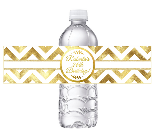 White and Gold Chevron Floral Party Favors Birthday Water Bottle Labels Wrappers Supplies Personalized ideas decor Unique