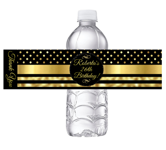 Black and Gold Striped Polkadot Polka Dot Party Favors Birthday Water Bottle Labels Wrappers Supplies Personalized ideas decor Unique