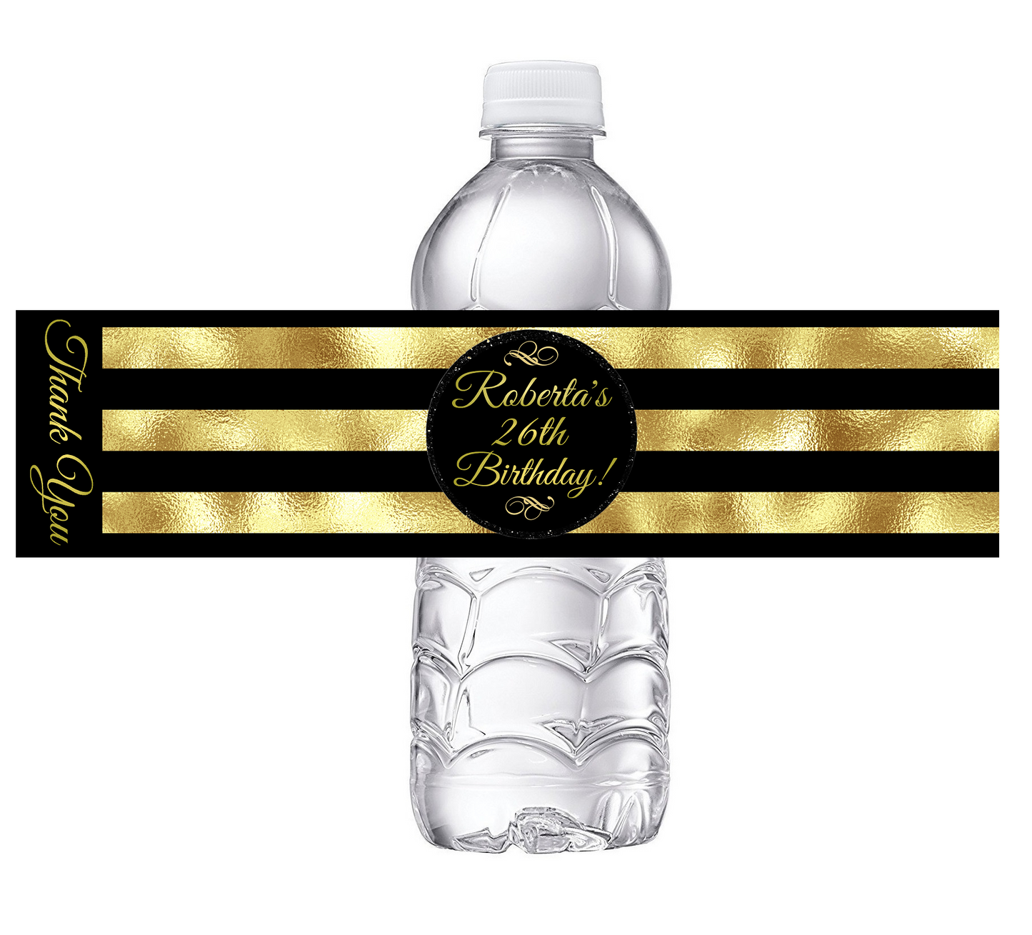 Black and Gold Striped Party Favors Birthday Water Bottle Labels Wrappers Supplies Personalized ideas decor Unique