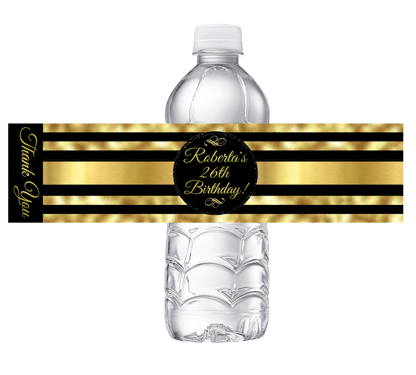 Black and Gold Striped Party Favors Birthday Water Bottle Labels Wrappers Supplies Personalized ideas decor Unique