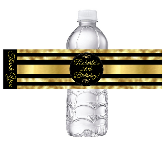 Black and Gold Striped Party Favors Birthday Water Bottle Labels Wrappers Supplies Personalized ideas decor Unique