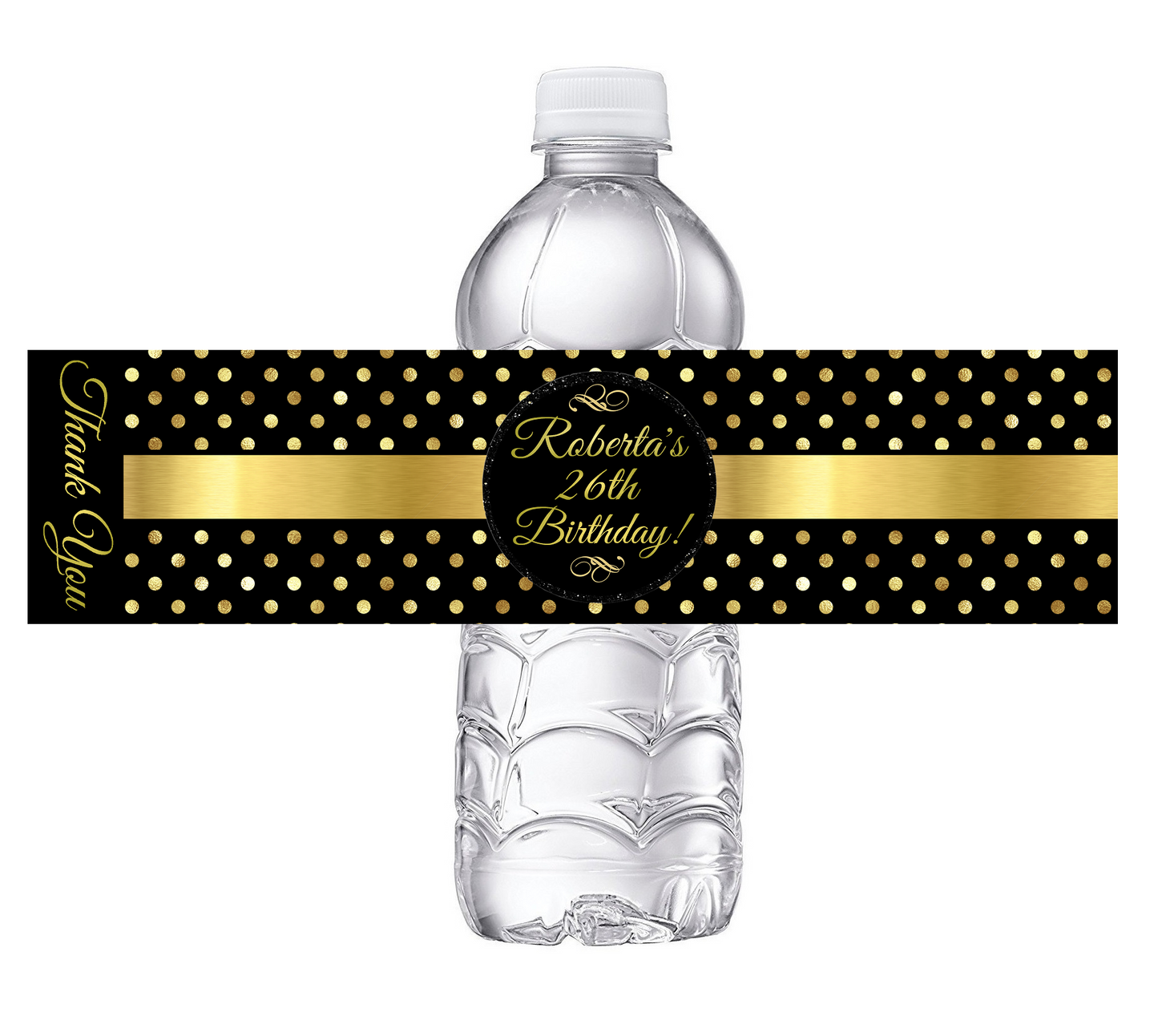 Black and Gold Polkadot Polka dot Party Favors Birthday Water Bottle Labels Wrappers Supplies Personalized ideas decor Unique