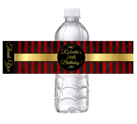 Black Gold and Red Striped Party Favors Birthday Water Bottle Labels Wrappers Supplies Personalized ideas decor Unique