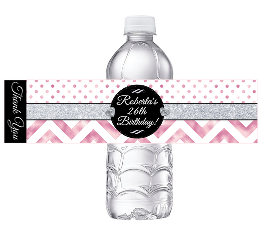 Black White Silver and Rose Gold Dusty Rose Pink Chevron Party Favors Birthday Water Bottle Labels Wrappers Supplies Personalized ideas decor Unique