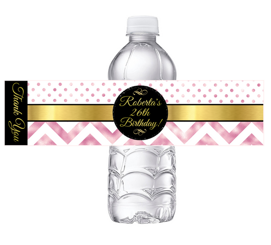 Black White and Rose Gold Dusty Rose Pink Chevron Party Favors Birthday Water Bottle Labels Wrappers Supplies Personalized ideas decor Unique