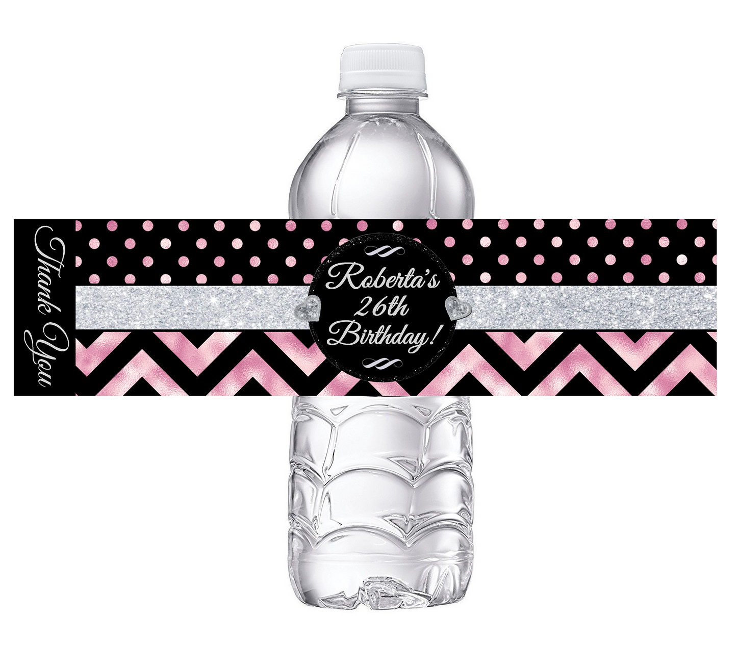 Black White Silver and Rose Gold Dusty Rose Pink Chevron Party Favors Birthday Water Bottle Labels Wrappers Supplies Personalized ideas decor Unique