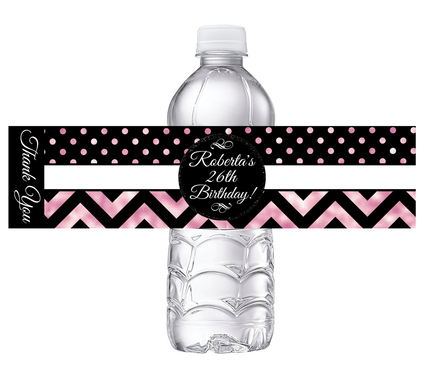 Black White and Rose Gold Dusty Rose Pink Chevron Party Favors Birthday Water Bottle Labels Wrappers Supplies Personalized ideas decor Unique