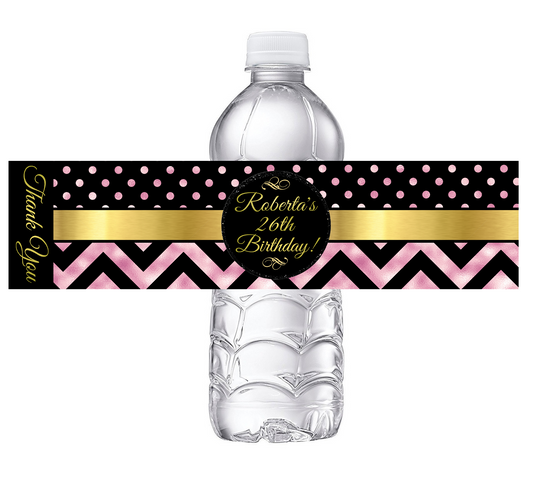 Black White and Rose Gold Dusty Rose Pink Chevron Party Favors Birthday Water Bottle Labels Wrappers Supplies Personalized ideas decor Unique