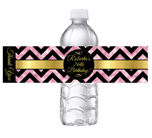 Black White and Rose Gold Dusty Rose Pink Chevron Party Favors Birthday Water Bottle Labels Wrappers Supplies Personalized ideas decor Unique