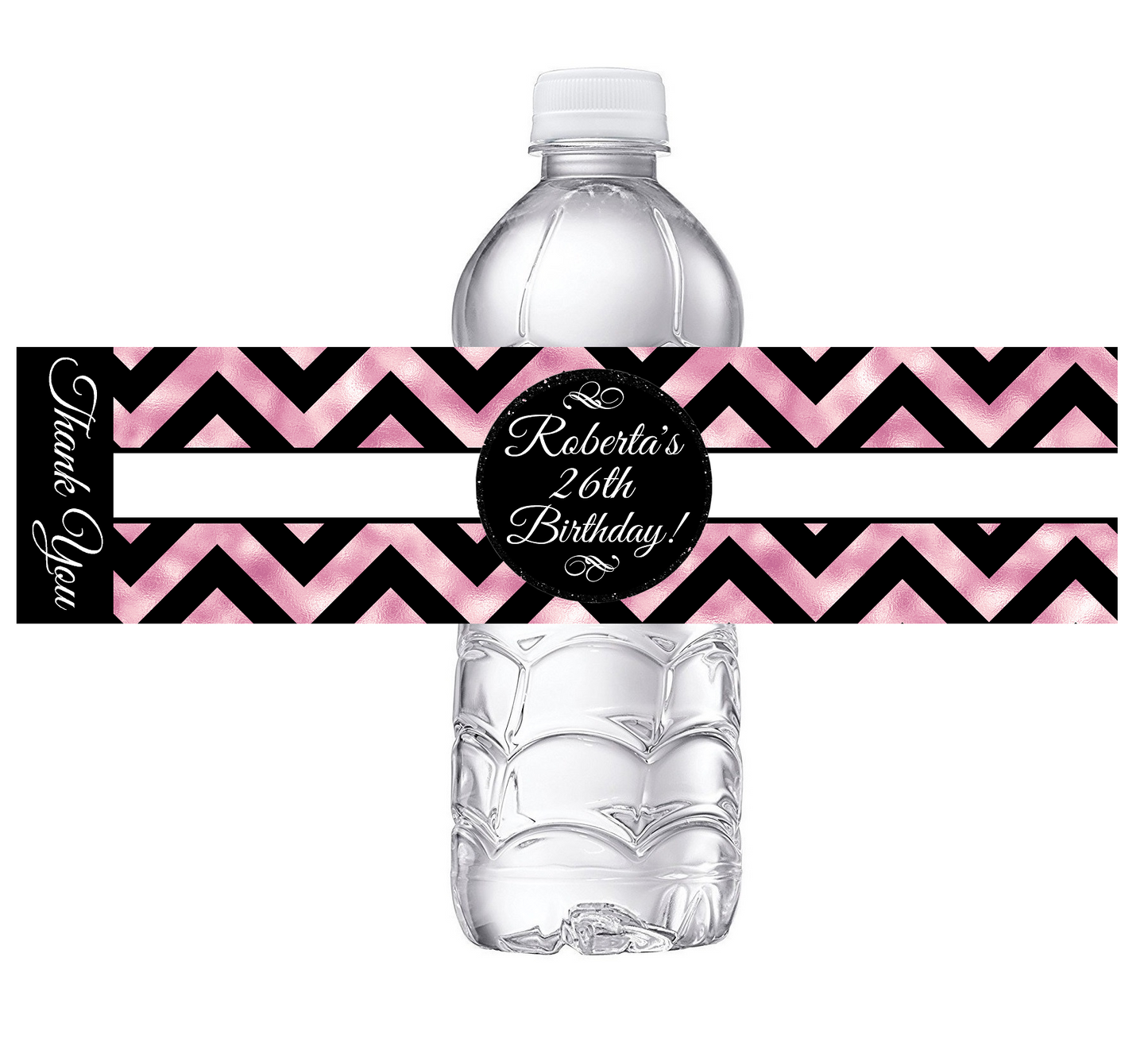 Black White and Rose Gold Dusty Rose Pink Chevron Party Favors Birthday Water Bottle Labels Wrappers Supplies Personalized ideas decor Unique