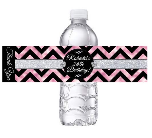 Black White Silver and Rose Gold Dusty Rose Pink Chevron Party Favors Birthday Water Bottle Labels Wrappers Supplies Personalized ideas decor Unique