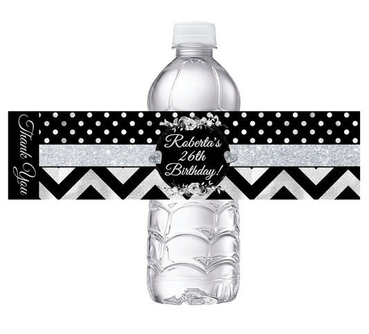 Black White and Silver Chevron Floral Polkadot Polka Dot Party Favors Birthday Water Bottle Labels Wrappers Supplies Personalized ideas decor Unique