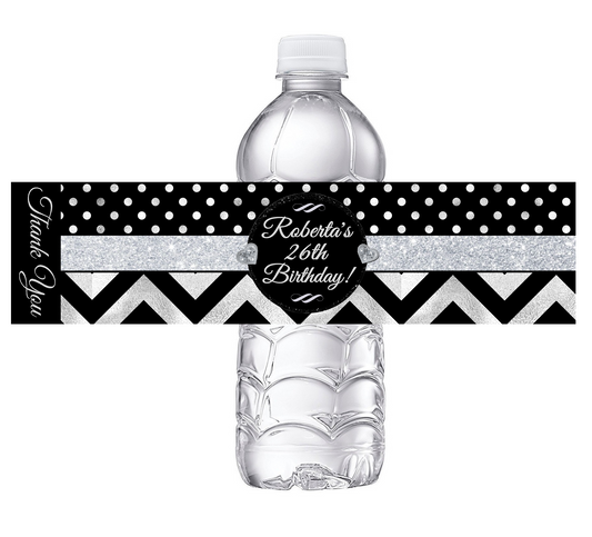 Black White and Silver Chevron Polkadot Polka Dot Party Favors Birthday Water Bottle Labels Wrappers Supplies Personalized ideas decor Unique