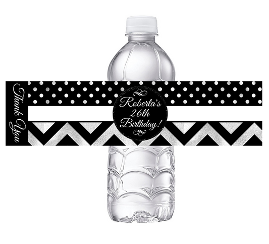 Black White and Silver Chevron Polkadot Polka Dot Party Favors Birthday Water Bottle Labels Wrappers Supplies Personalized ideas decor Unique