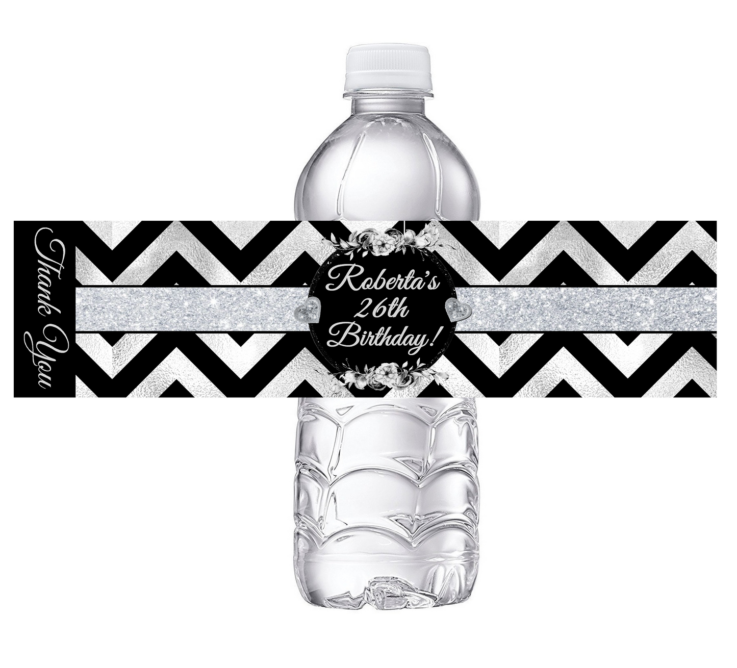 Black White and Silver Chevron Floral Party Favors Birthday Water Bottle Labels Wrappers Supplies Personalized ideas decor Unique