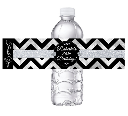 Black White and Silver Chevron Party Favors Birthday Water Bottle Labels Wrappers Supplies Personalized ideas decor Unique